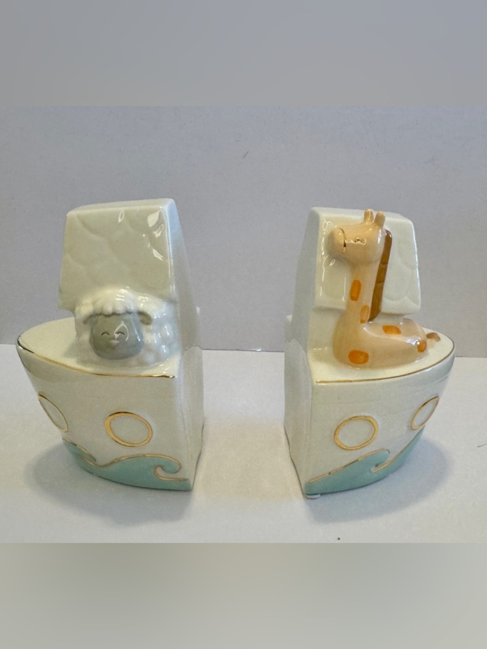 Baby Aspen Ceramic Giraffe and Lamb Nursery Bookends in White, Cream, Gold, Blue